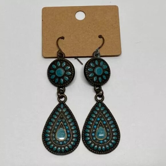 Turquoise Enamel Dangle Drop Earrings Coral Blue Bronze Tone Tear Drop 2 1/4” - Picture 1 of 10